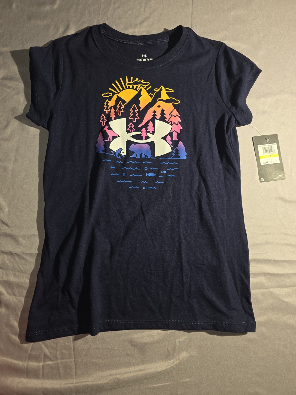 Girls Under Armour Navy Short Sleeve Tee with Multicolor Mountain Logo